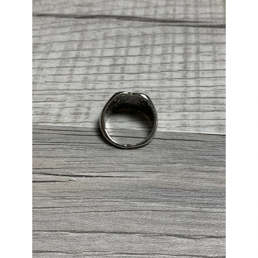 Silver Tone Black White Checkered Heart Enamel Adjustable Ring Size 7 Y2K Retro